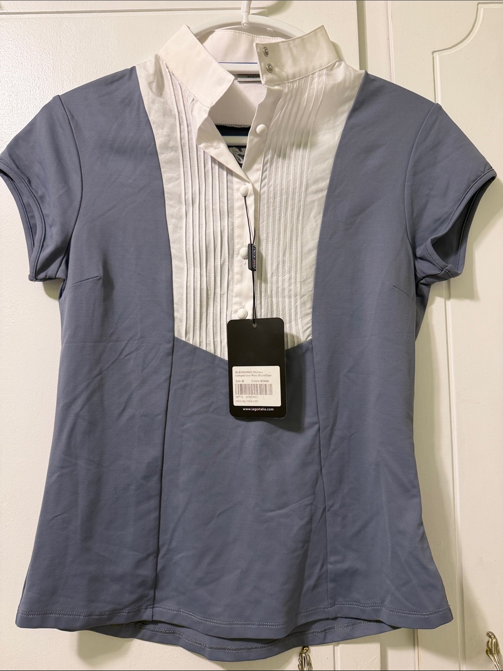 Women's Short-Sleeve Pintuck Polo Tee in Slate Blue & White